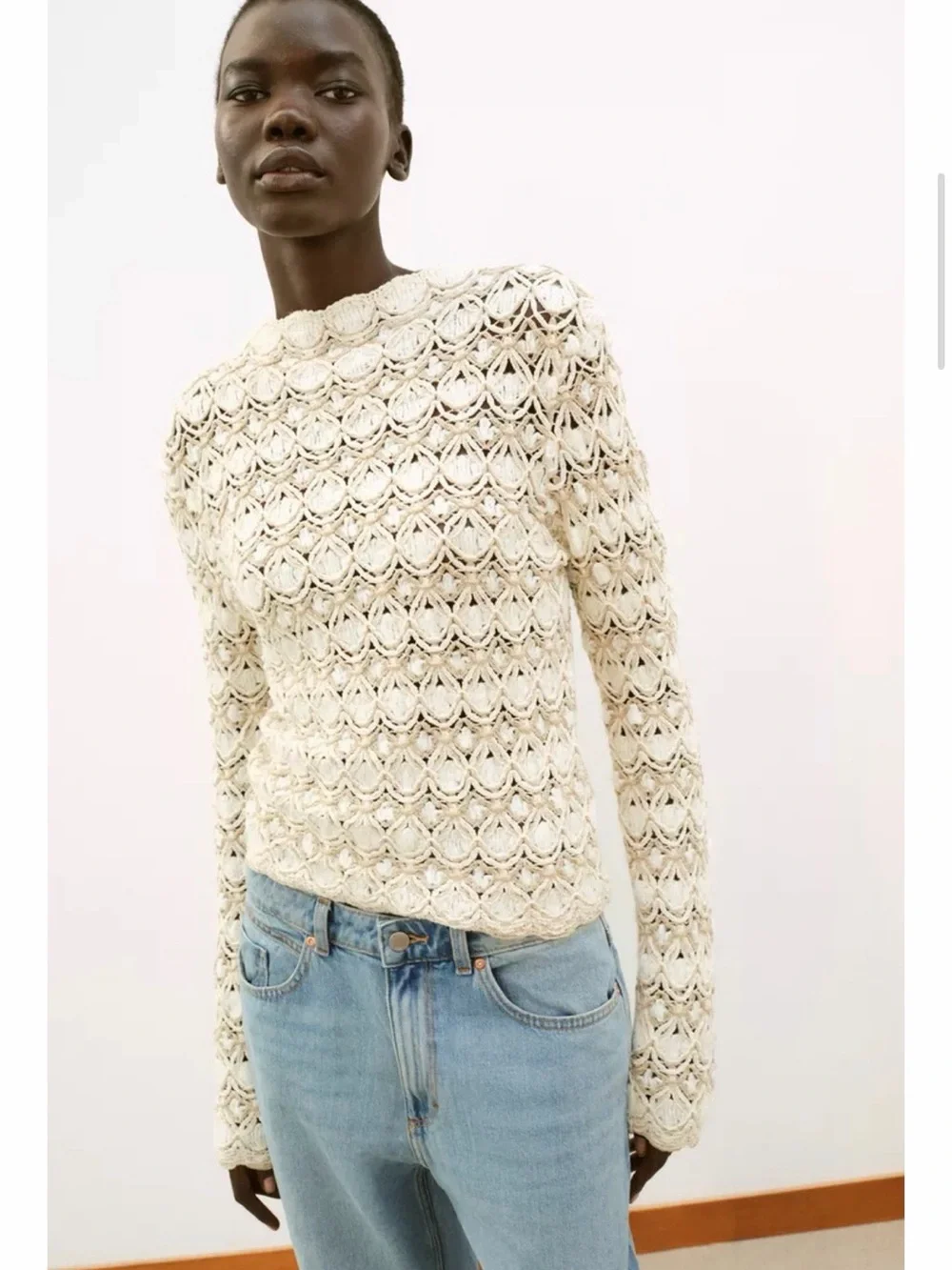 Zara Cream Crocheted Long-Sleeve Sweater